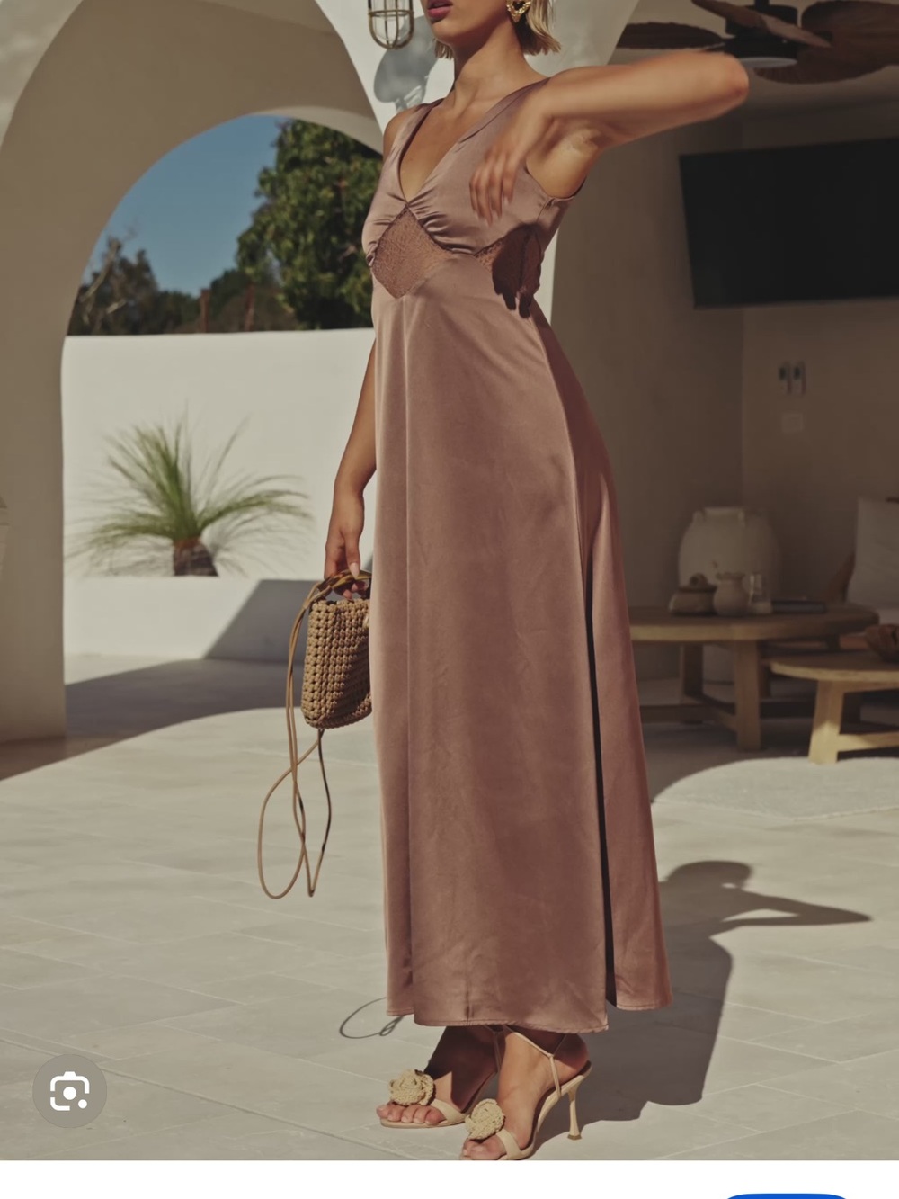 Brown V-Neck Satin Slip Dress Sabo